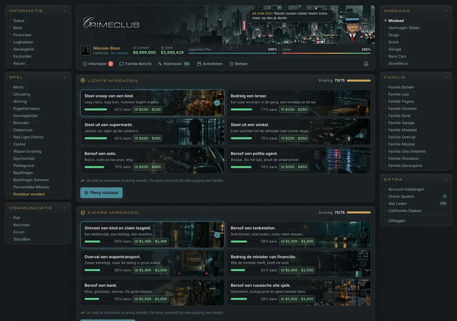 The crime page, with the odds and the payout for each crime
