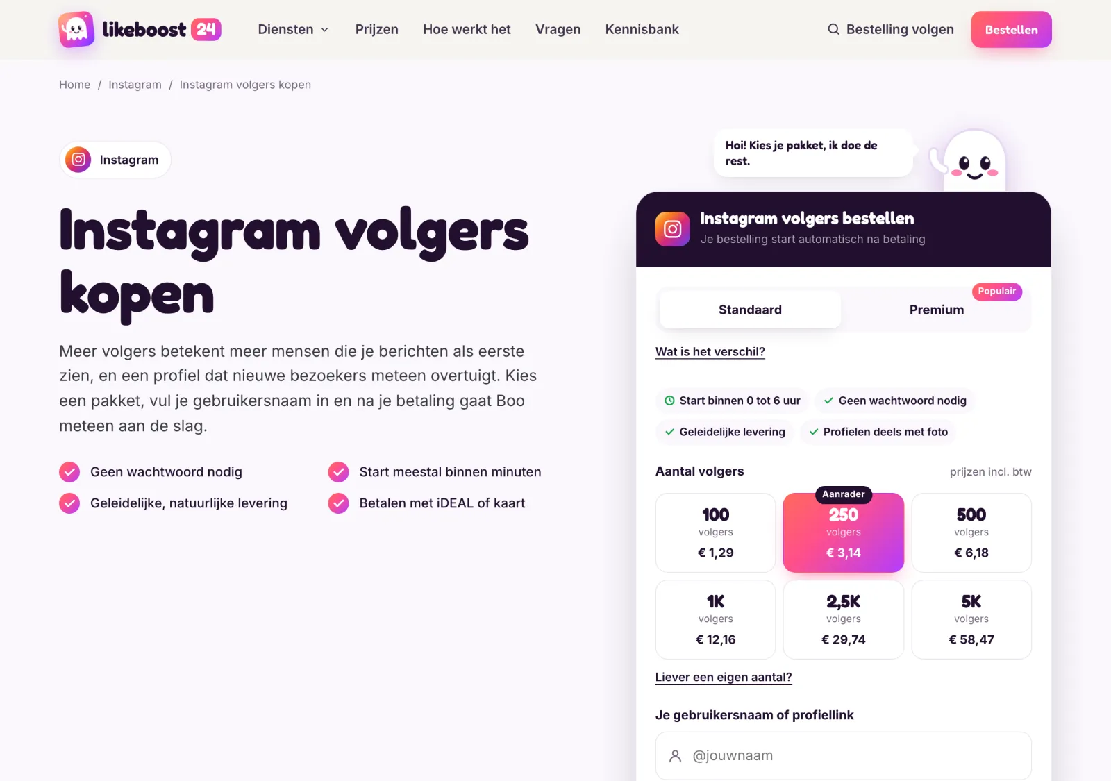 The order page for Instagram followers, with the packages and the price per quantity
