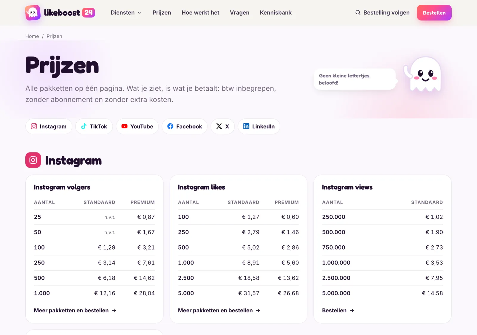Every price on one page, by platform and by service